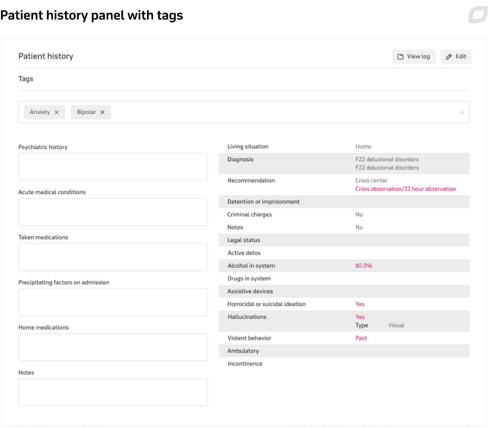 Patient history panel with tags